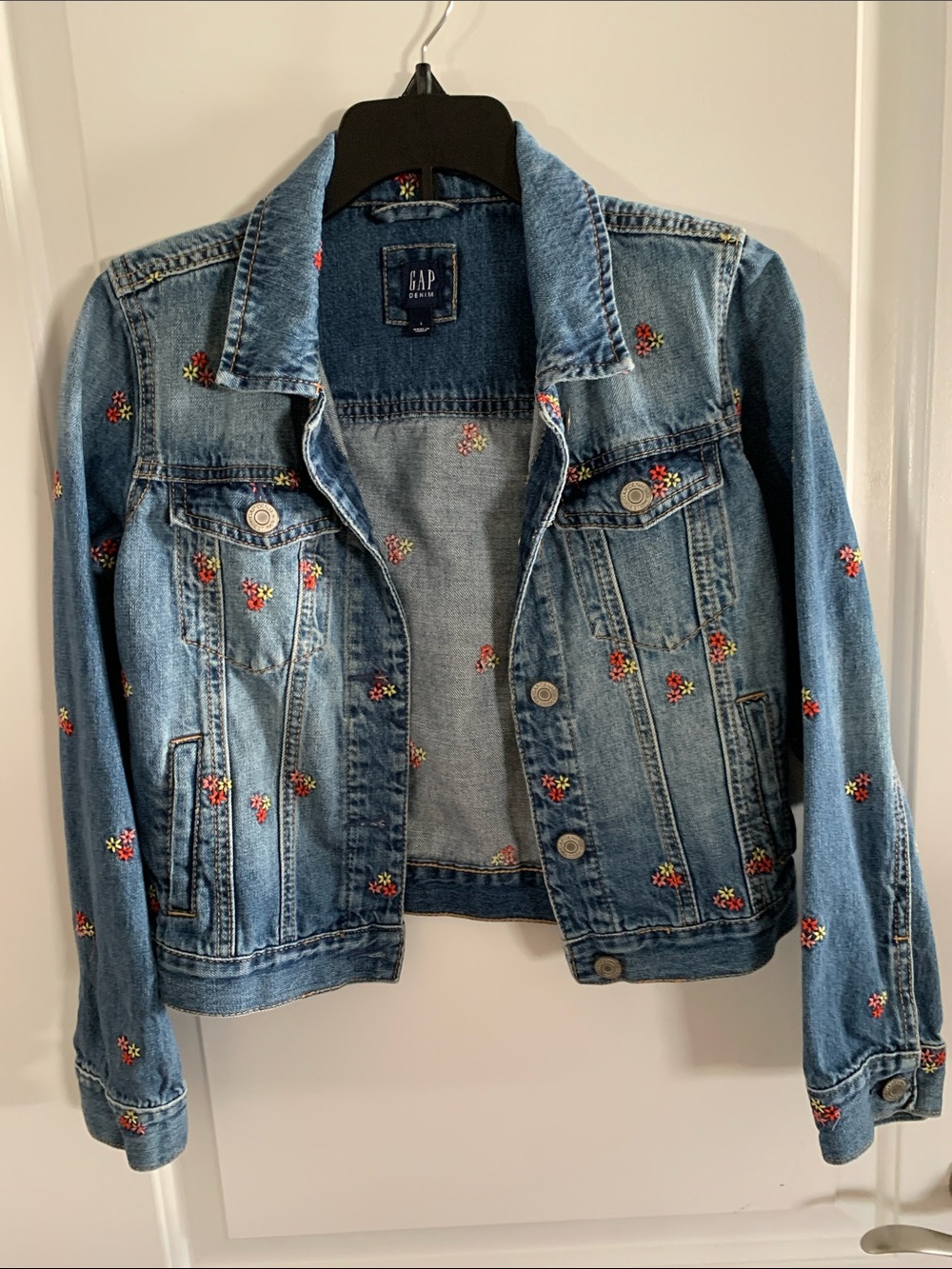 GAP Light Blue Denim Jacket with Pink & Yellow Floral Embroidery